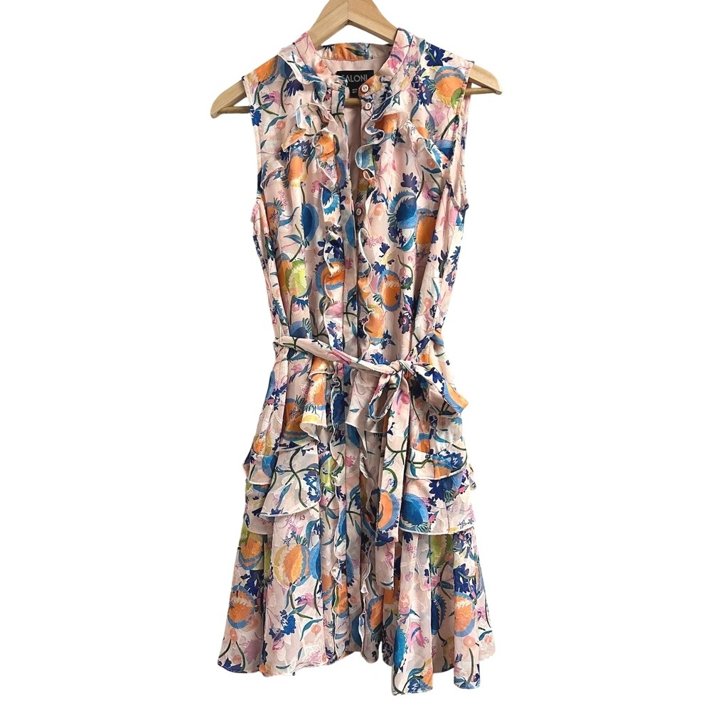 Saloni Pink Tilly Floral Ruffle Sleeveless Tiered Mini Dress US 6 UK‎ 10